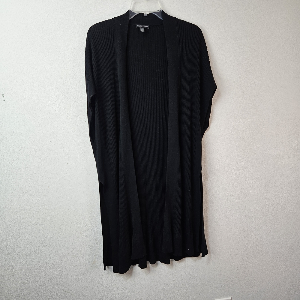 Eileen Fisher Sleek Tencel Rib Cardigan Size S/M Open Front Duster Black